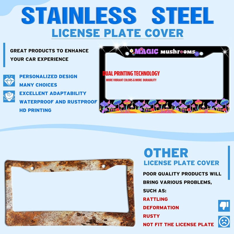 TINALUIN Magic Mushrooms License Plate Frame Colorful Dream Stainless Steel License Plate Holder for Front or Rear Car Tags Funny for Car Decoration Accessories with Screws 6.3 X 12.2 in for Women Men - Image 2